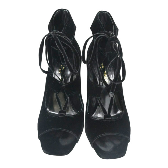 Saint Laurent Loulou Black Velvet YSL Lace-Up Block Heels Size 37 - Picture 3 of 12